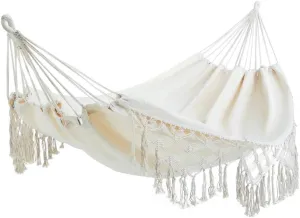 Outdoor Hammock 2 Person Large Brazilian Hammocks Canvas Cotton Indoor Hammock for Bedroom Patio Porch Garden Backyard Lounging Outdoor w/Handwoven Macramé Fringe Tassels