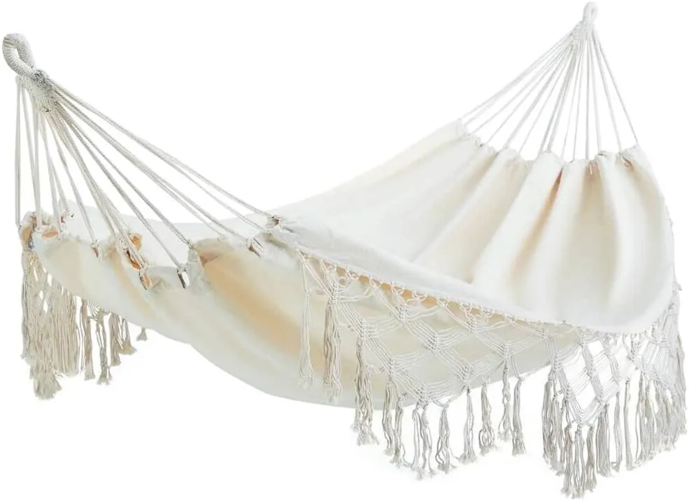 Outdoor Hammock 2 Person Large Brazilian Hammocks Canvas Cotton Indoor Hammock for Bedroom Patio Porch Garden Backyard Lounging Outdoor w/Handwoven Macramé Fringe Tassels