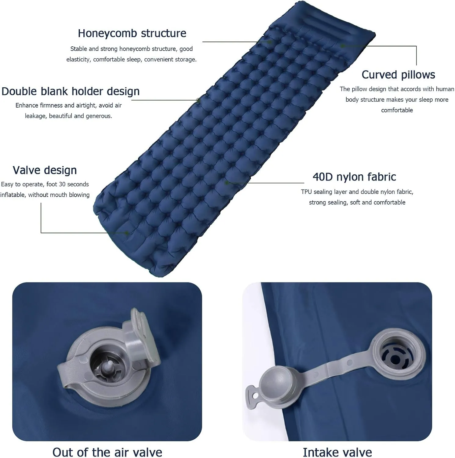 Outdoor Inflatable Camping Pad Mattress, Upgraded Ultralight Air Sleeping Mat with Pillow Built-in Pump, Waterproof for Camping, Backpacking, Compact Lightweight Outdoor Air Mattress (Navy Blue)