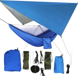 Outdoor Portable Hammock with Net, Integrated Canopy Design for Camping Travel, Nylon Fabric, Load 300kg, Double Two Way Zipper, Ground Nail Bag Includ (Blue Sky with Blue Hammock)