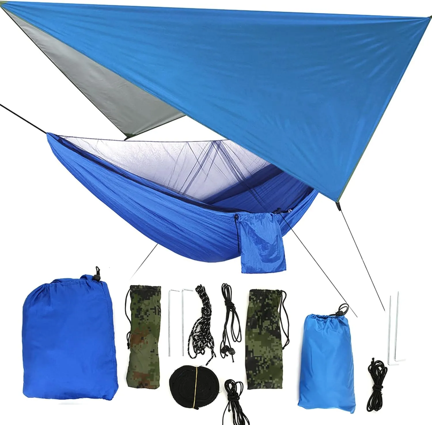 Outdoor Portable Hammock with Net, Integrated Canopy Design for Camping Travel, Nylon Fabric, Load 300kg, Double Two Way Zipper, Ground Nail Bag Includ (Blue Sky with Blue Hammock)