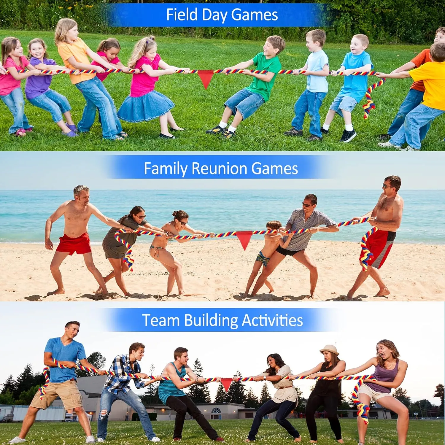 Outdoor Yard Games 40FT Tug of War Rope for Kids Adult, Field Day Family Reunion Birthday Party Games, Halloween Carnival Easter Outside Lawn Yard Fun Games for Team Building Activities, Tricolor