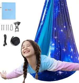 OUTREE Sensory Swing for Kids is Equipped with 360° Swivel Hanger Kit and Adjustable Straps.A Starry-Sky Printed Double-Layered Hammock, an Autism Sensory Product Ideal for Children,Blue