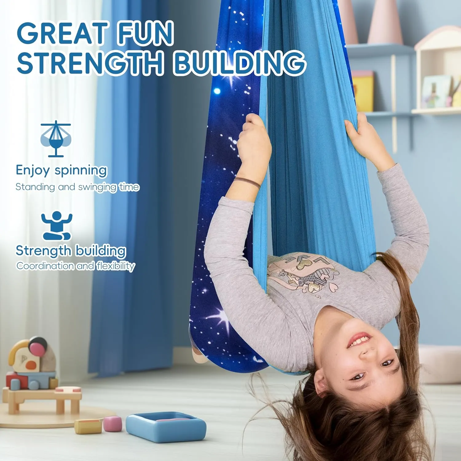 OUTREE Sensory Swing for Kids is Equipped with 360° Swivel Hanger Kit and Adjustable Straps.A Starry-Sky Printed Double-Layered Hammock, an Autism Sensory Product Ideal for Children,Blue