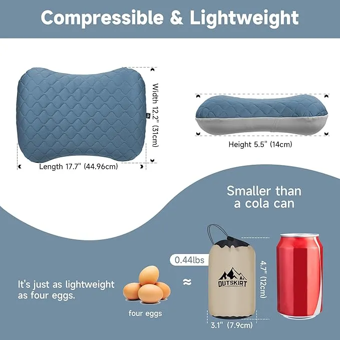 OUTSKIRT Inflatable Travel Pillow, 2-in-1 Camping Pillows for Sleeping, Ergonomic & Lightweight Small Backpacking Pillow for Travel, Hiking, Camping & Outdoor Activities, Blue