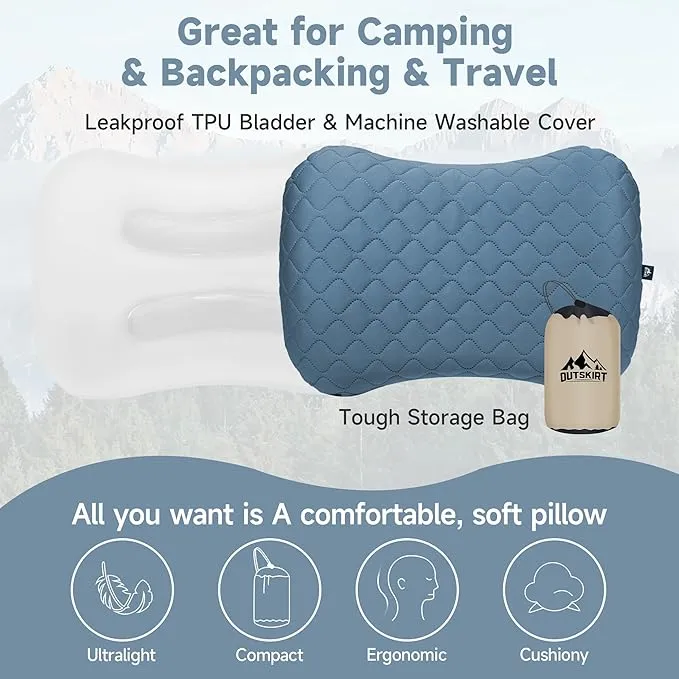 OUTSKIRT Inflatable Travel Pillow, 2-in-1 Camping Pillows for Sleeping, Ergonomic & Lightweight Small Backpacking Pillow for Travel, Hiking, Camping & Outdoor Activities, Blue