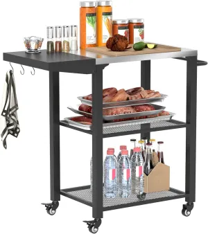 Outsunny Three-Shelf Outdoor Grill Cart Table with Foldable Side Table, Stainless Steel Tabletop, 22" x 16.1" Pizza Oven Stand with Hooks, Side Handle, Movable Food Prep Table on Wheels, Silver