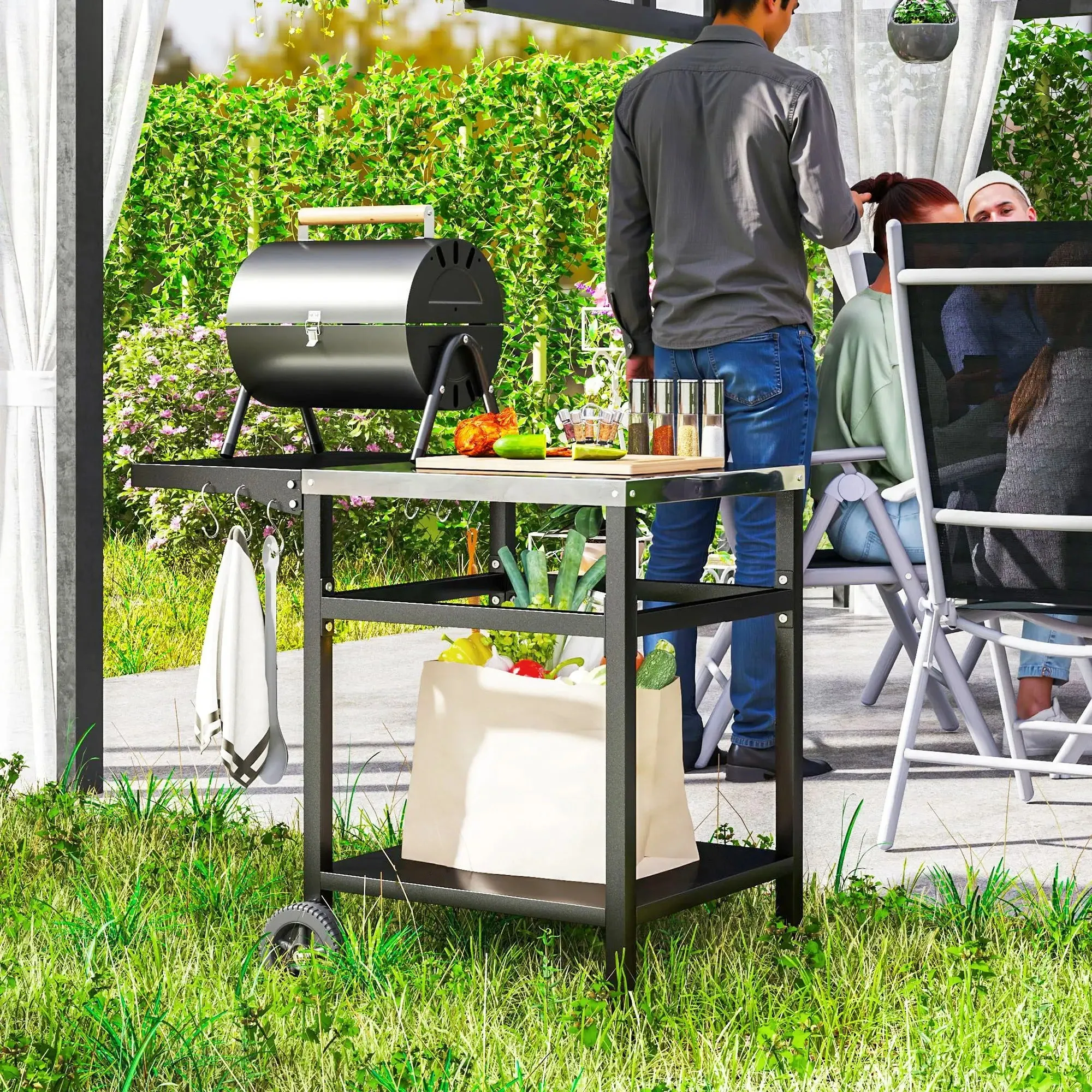 Oven Black Cover, Foldable Members-only deal Side Top Dining Steel Grill Outsunny Trustworthy Movable Pizza BBQ Kitchen Station Table, Hooks Stainless And Trolley Cart Outdoor Shelf, With