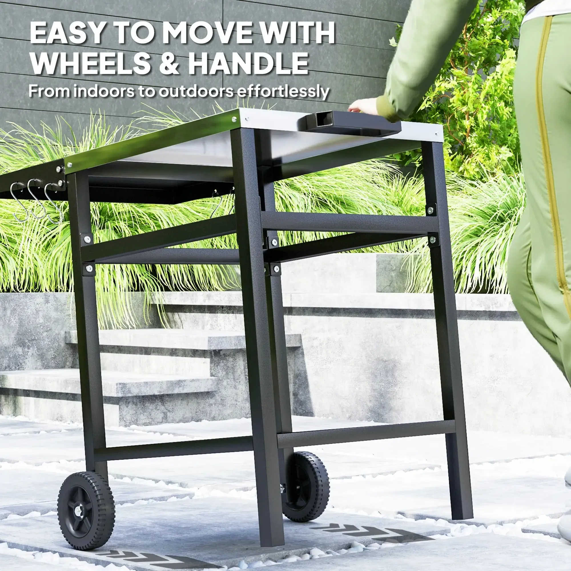 Oven Black Cover, Foldable Members-only deal Side Top Dining Steel Grill Outsunny Trustworthy Movable Pizza BBQ Kitchen Station Table, Hooks Stainless And Trolley Cart Outdoor Shelf, With
