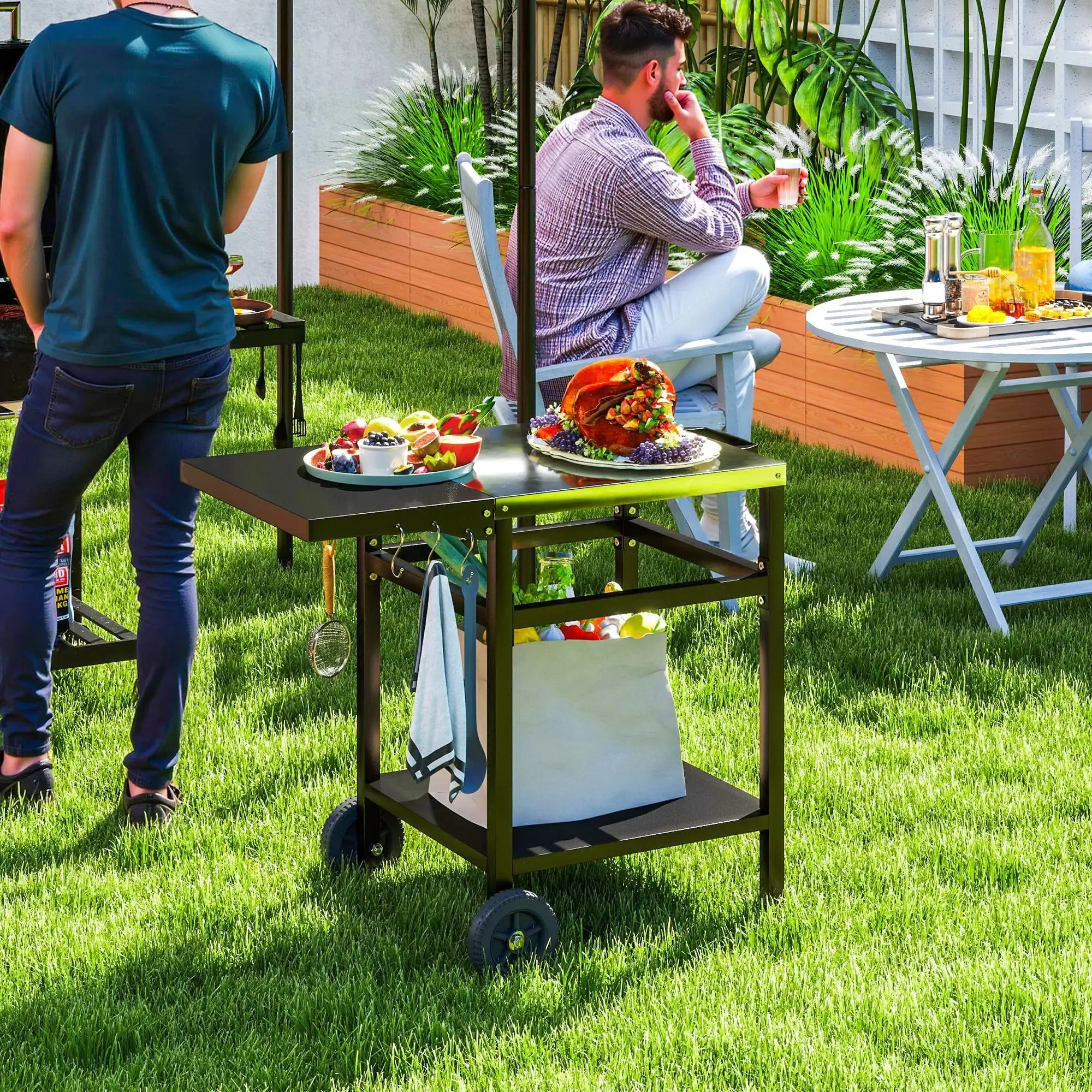 Oven Black Cover, Foldable Members-only deal Side Top Dining Steel Grill Outsunny Trustworthy Movable Pizza BBQ Kitchen Station Table, Hooks Stainless And Trolley Cart Outdoor Shelf, With