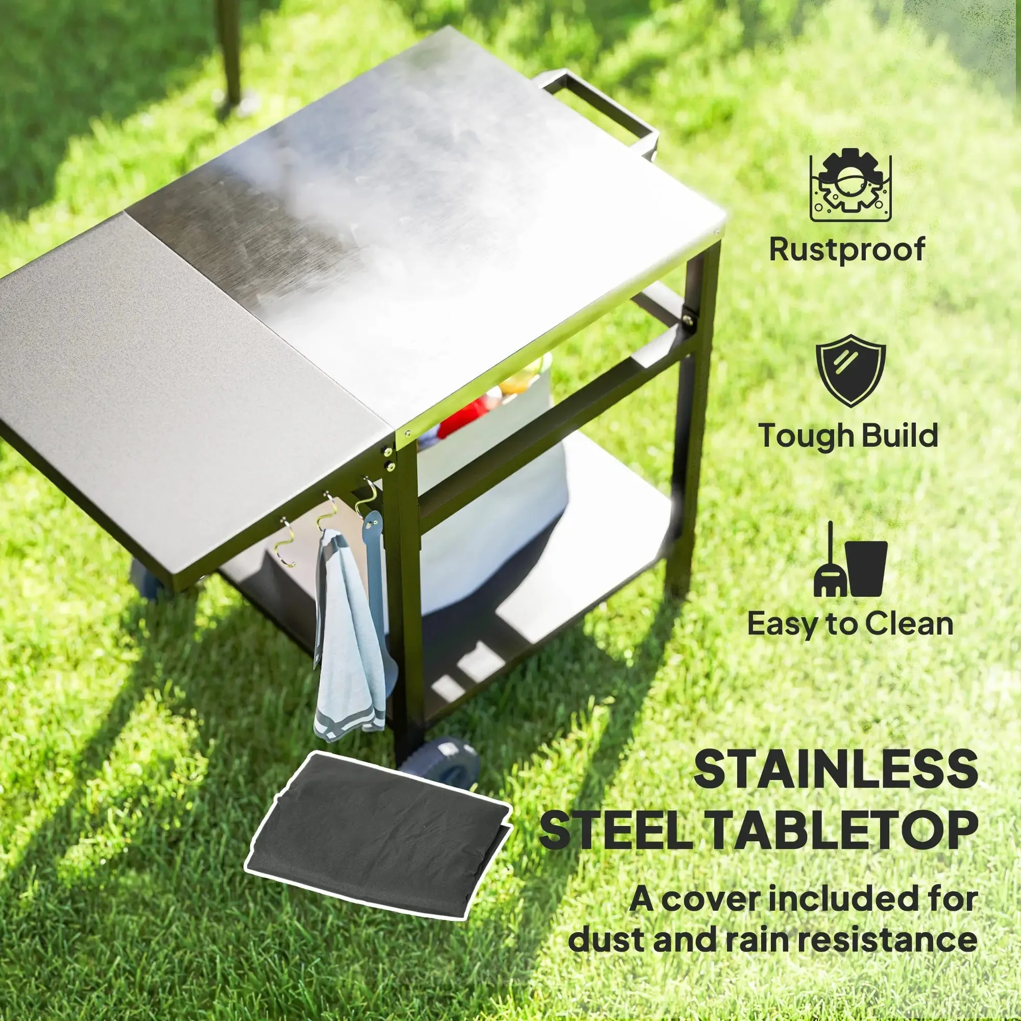 Oven Black Cover, Foldable Members-only deal Side Top Dining Steel Grill Outsunny Trustworthy Movable Pizza BBQ Kitchen Station Table, Hooks Stainless And Trolley Cart Outdoor Shelf, With