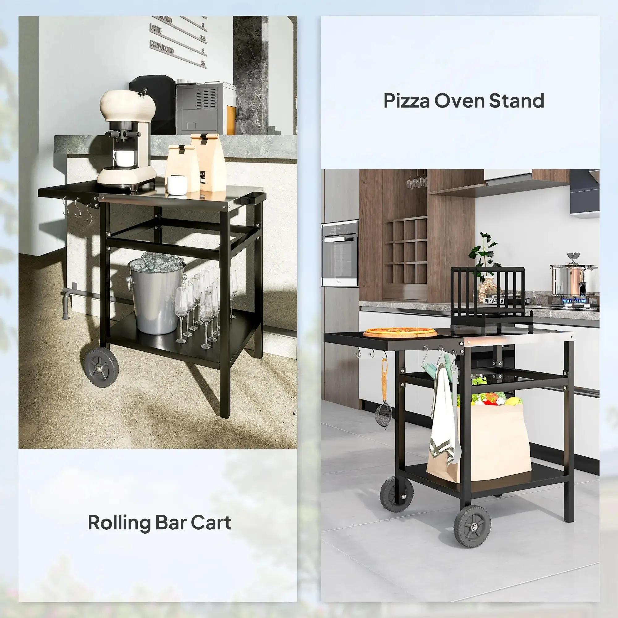 Oven Black Cover, Foldable Members-only deal Side Top Dining Steel Grill Outsunny Trustworthy Movable Pizza BBQ Kitchen Station Table, Hooks Stainless And Trolley Cart Outdoor Shelf, With