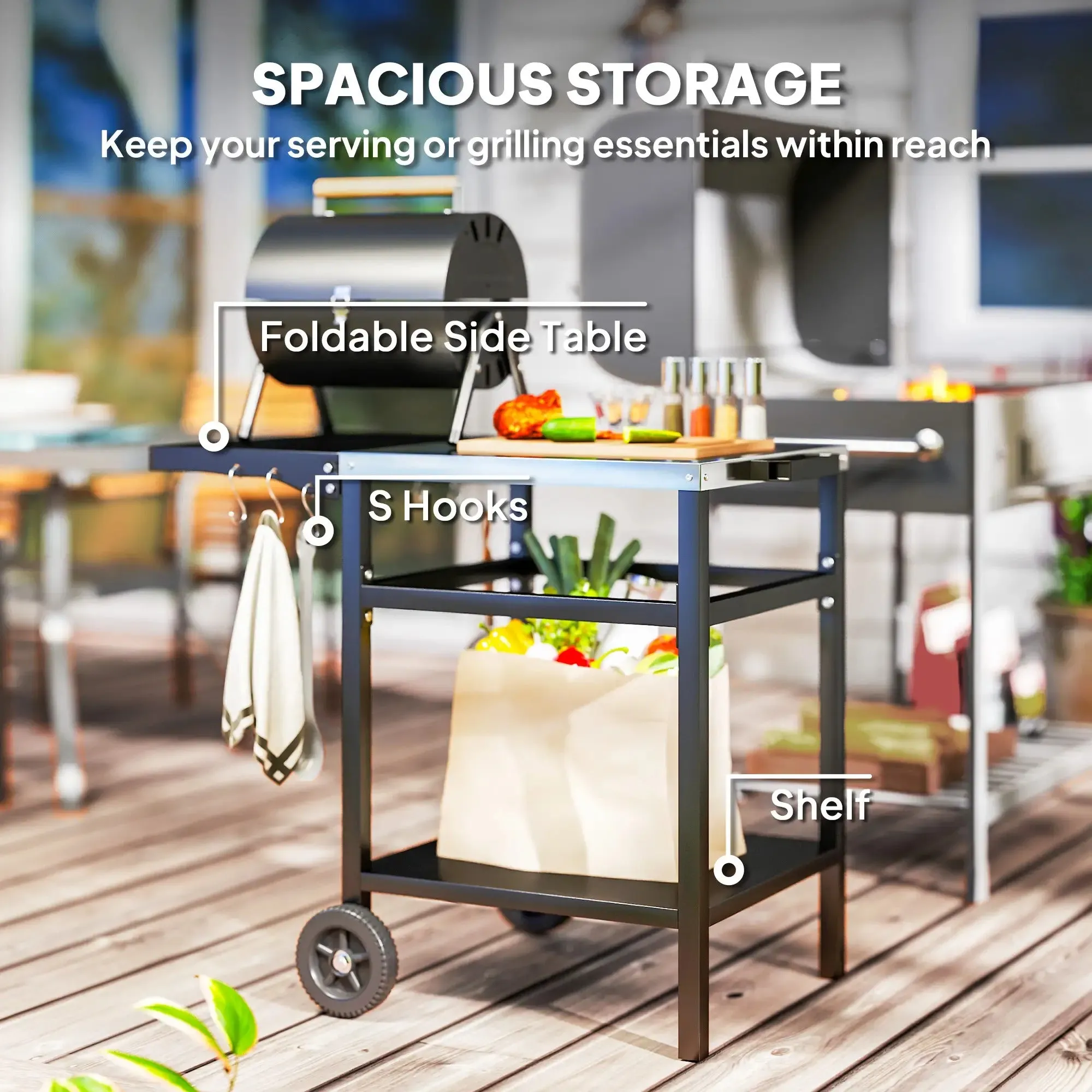 Oven Black Cover, Foldable Members-only deal Side Top Dining Steel Grill Outsunny Trustworthy Movable Pizza BBQ Kitchen Station Table, Hooks Stainless And Trolley Cart Outdoor Shelf, With