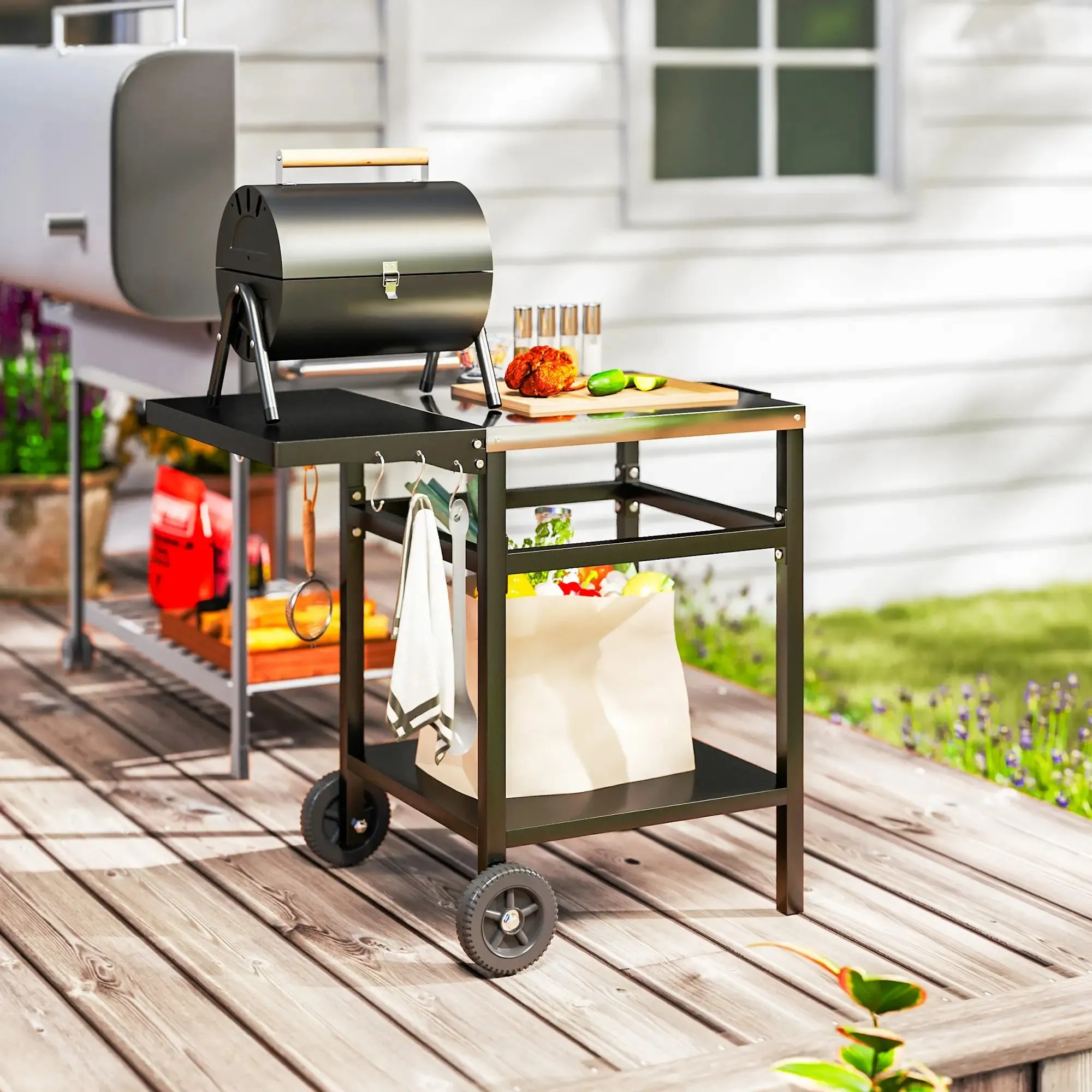 Oven Black Cover, Foldable Members-only deal Side Top Dining Steel Grill Outsunny Trustworthy Movable Pizza BBQ Kitchen Station Table, Hooks Stainless And Trolley Cart Outdoor Shelf, With