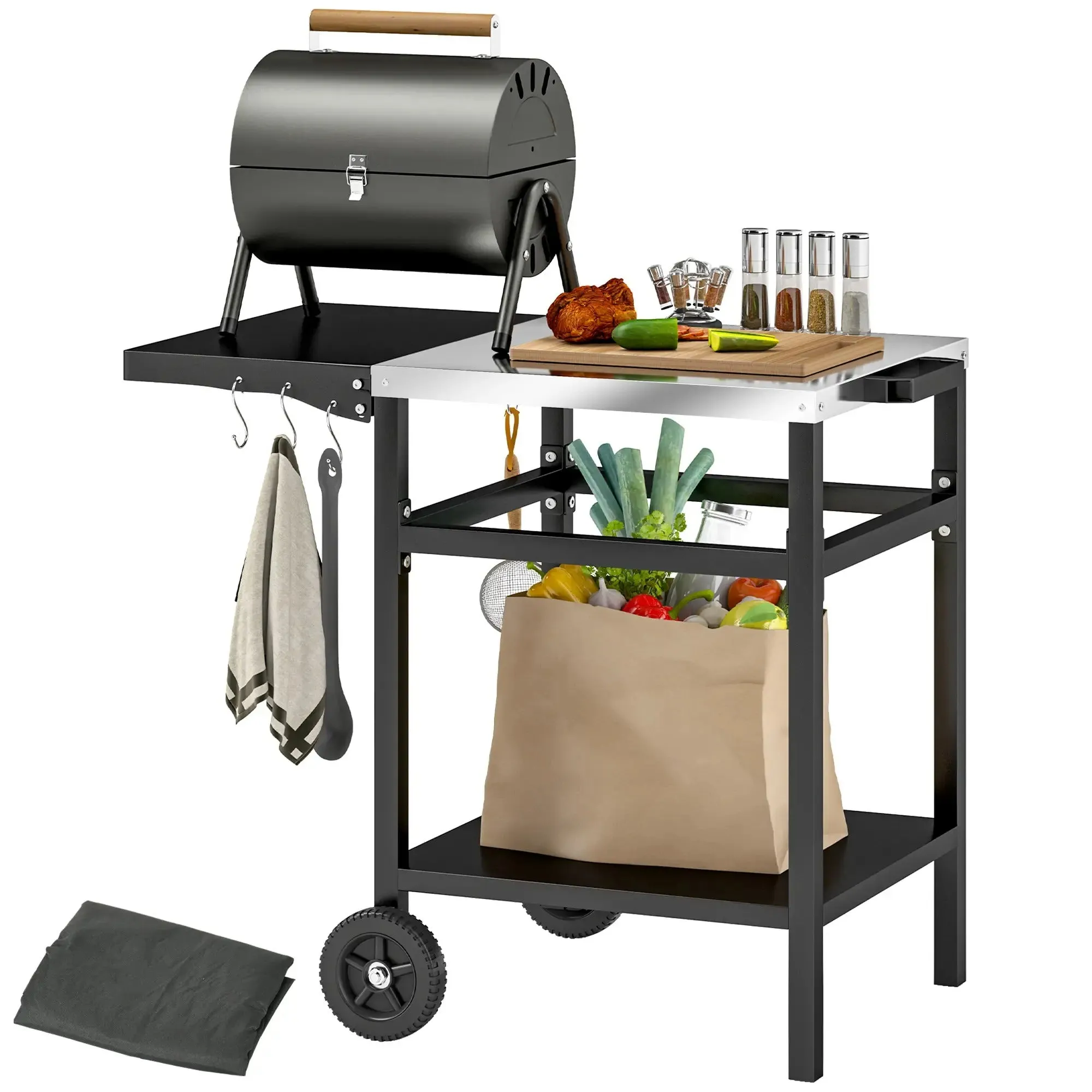 Oven Black Cover, Foldable Members-only deal Side Top Dining Steel Grill Outsunny Trustworthy Movable Pizza BBQ Kitchen Station Table, Hooks Stainless And Trolley Cart Outdoor Shelf, With