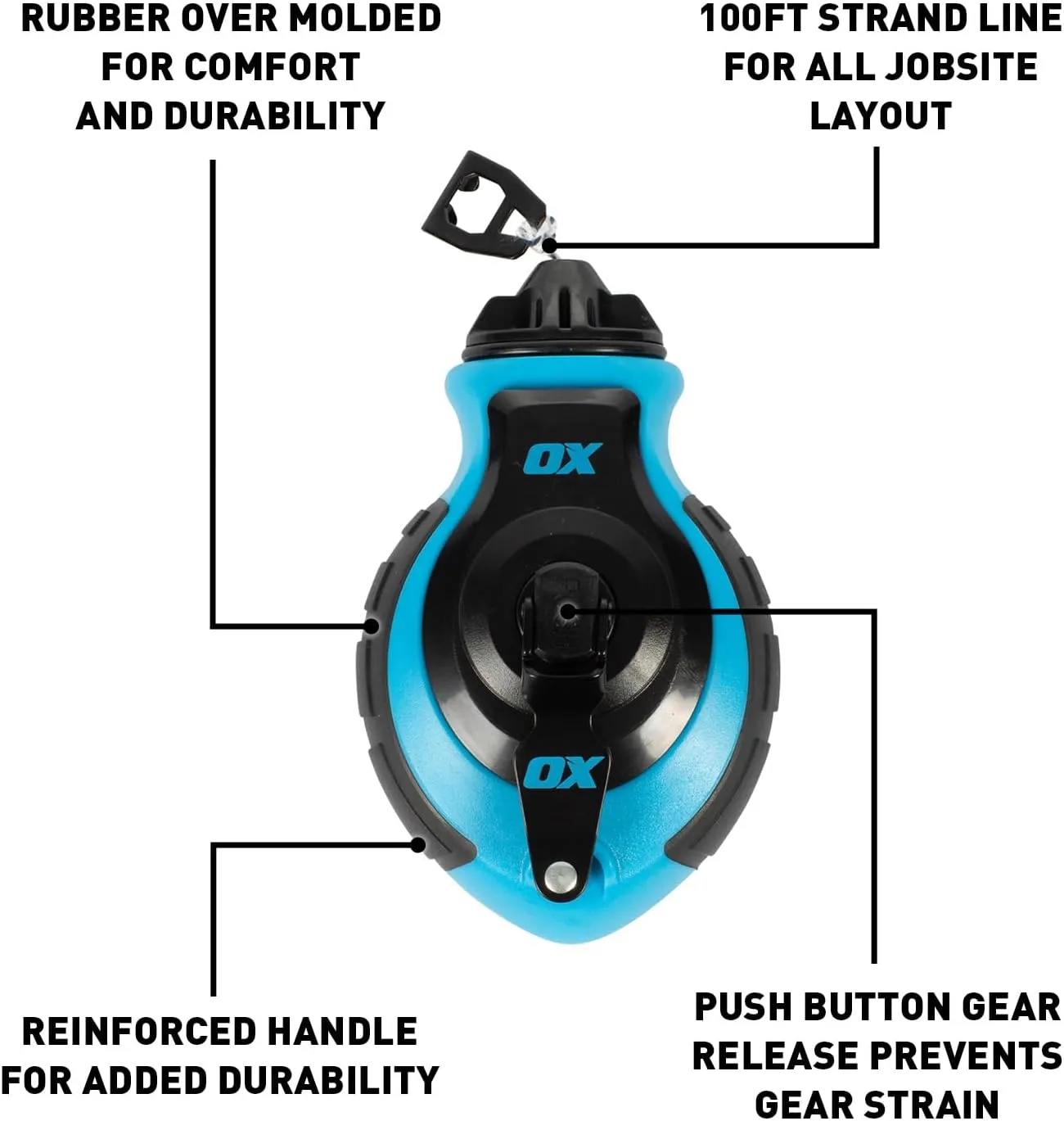 OX Tools Professional Chalk Line Reel & Chalk Powder Combo Pack, 6-to-1 gear ratio, 100' 8 Strand Strong compact chalk line and Blue Chalk Powder | P503502
