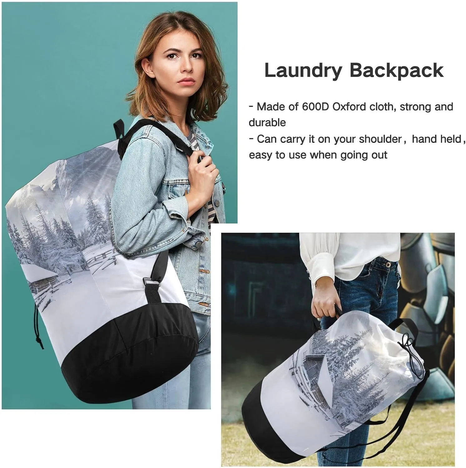 Oyihfvs The Old Farm in The Mountains Foggy White Snow Winter Morning Backpack Laundry Bag, Laundry Backpack with Shoulder Straps, Waterproof Nylon Clothes Hamper Bag for Men Women Yoga Backpack