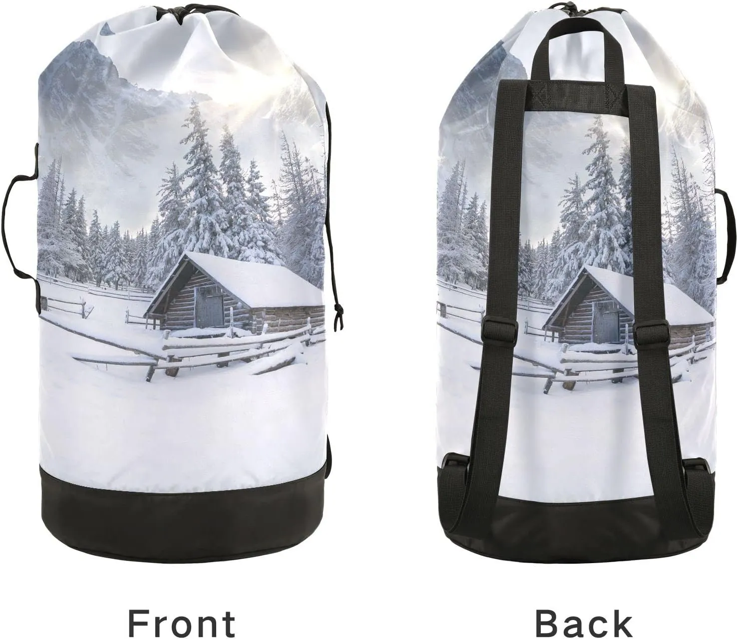 Oyihfvs The Old Farm in The Mountains Foggy White Snow Winter Morning Backpack Laundry Bag, Laundry Backpack with Shoulder Straps, Waterproof Nylon Clothes Hamper Bag for Men Women Yoga Backpack