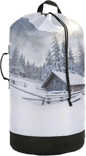 Oyihfvs The Old Farm in The Mountains Foggy White Snow Winter Morning Backpack Laundry Bag, Laundry Backpack with Shoulder Straps, Waterproof Nylon Clothes Hamper Bag for Men Women Yoga Backpack