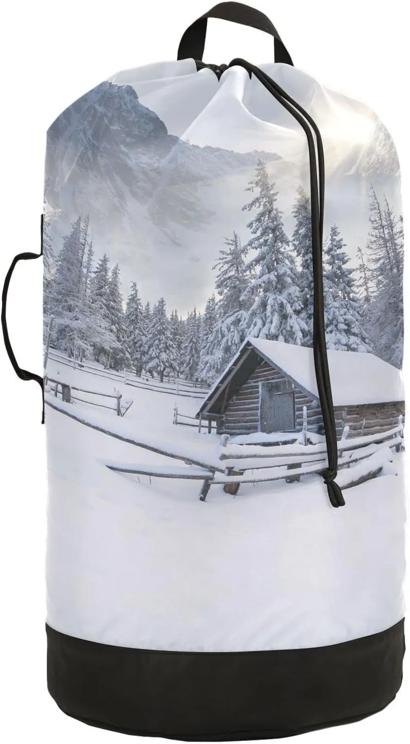 Oyihfvs The Old Farm in The Mountains Foggy White Snow Winter Morning Backpack Laundry Bag, Laundry Backpack with Shoulder Straps, Waterproof Nylon Clothes Hamper Bag for Men Women Yoga Backpack