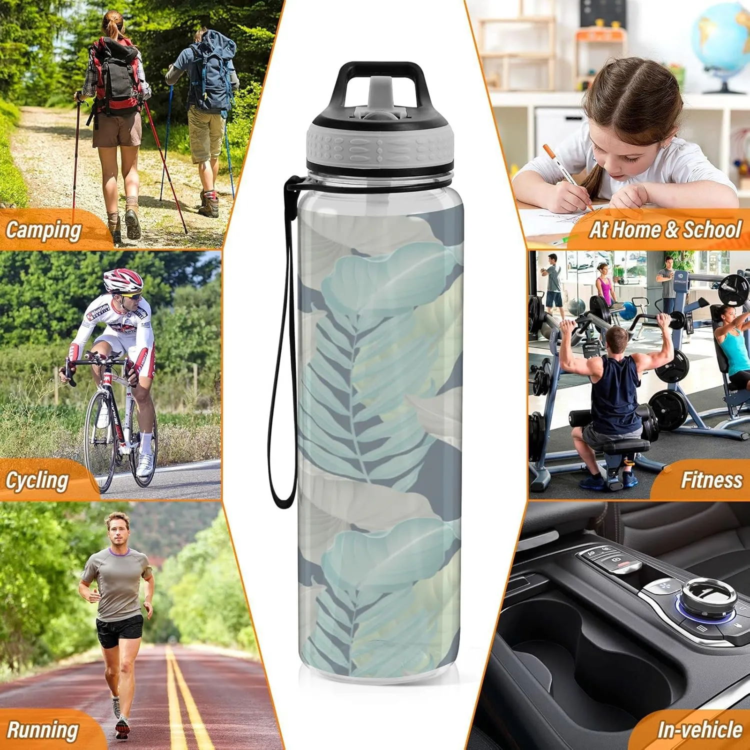 Oyihfvs Turquoise Yellow Grey Tropical Palm and Matte Leaves on Dark Blue Transparent Sports Water Bottle 32 Oz, with Straw Lid Leakproof Reusable Water Bottle, Water Bottle for Fitness Gym Outdoor