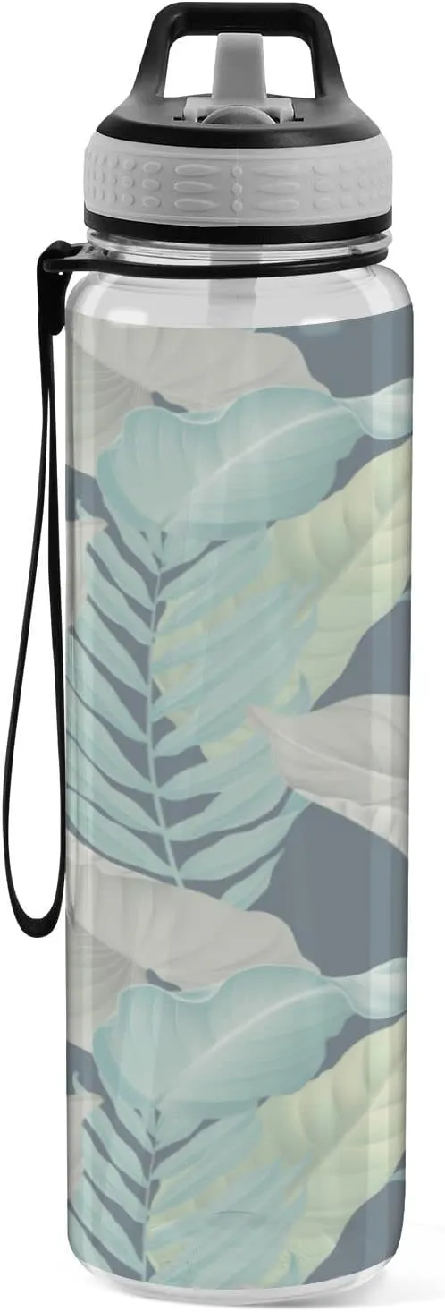 Oyihfvs Turquoise Yellow Grey Tropical Palm and Matte Leaves on Dark Blue Transparent Sports Water Bottle 32 Oz, with Straw Lid Leakproof Reusable Water Bottle, Water Bottle for Fitness Gym Outdoor