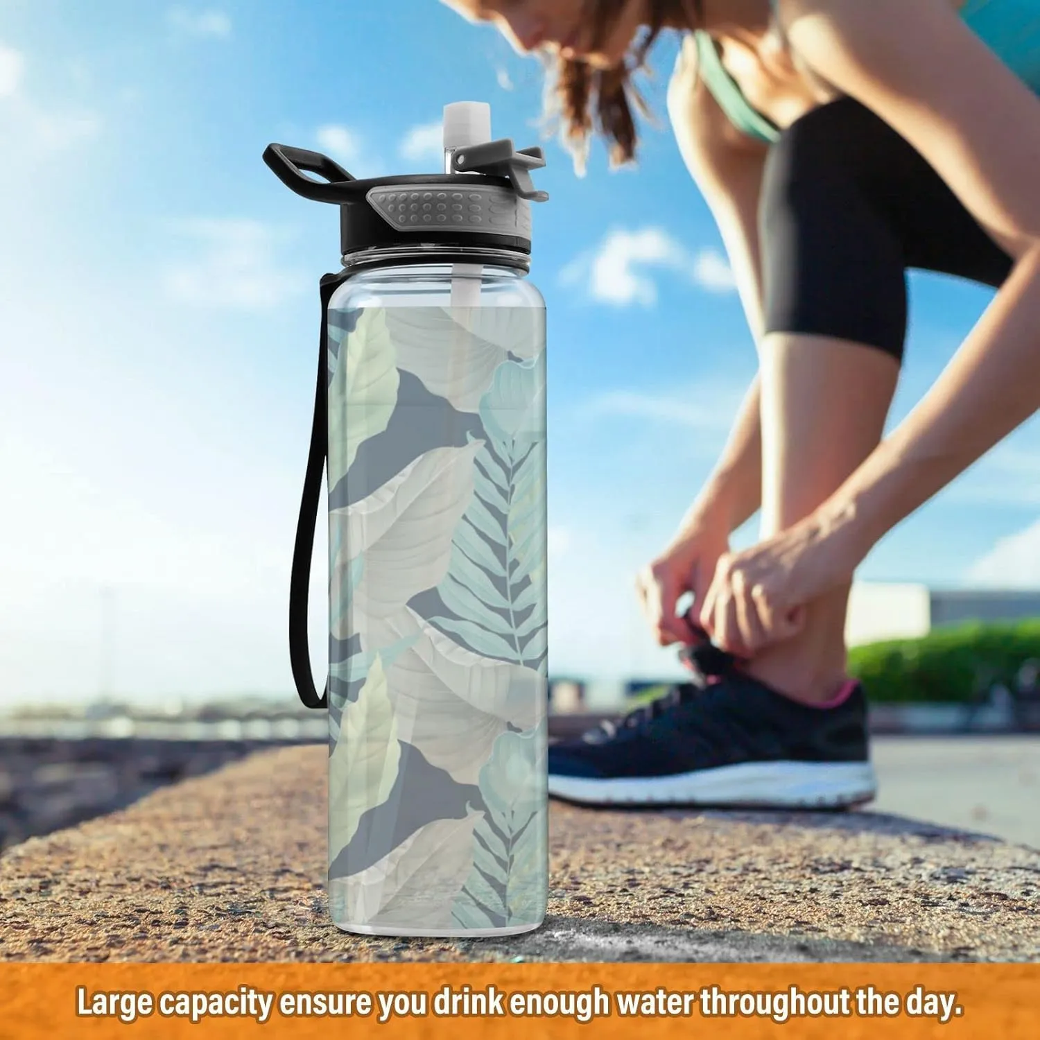 Oyihfvs Turquoise Yellow Grey Tropical Palm and Matte Leaves on Dark Blue Transparent Sports Water Bottle 32 Oz, with Straw Lid Leakproof Reusable Water Bottle, Water Bottle for Fitness Gym Outdoor
