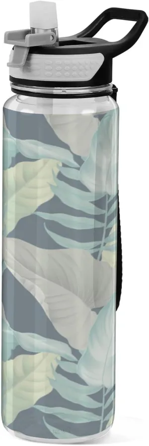 Oyihfvs Turquoise Yellow Grey Tropical Palm and Matte Leaves on Dark Blue Transparent Sports Water Bottle 32 Oz, with Straw Lid Leakproof Reusable Water Bottle, Water Bottle for Fitness Gym Outdoor