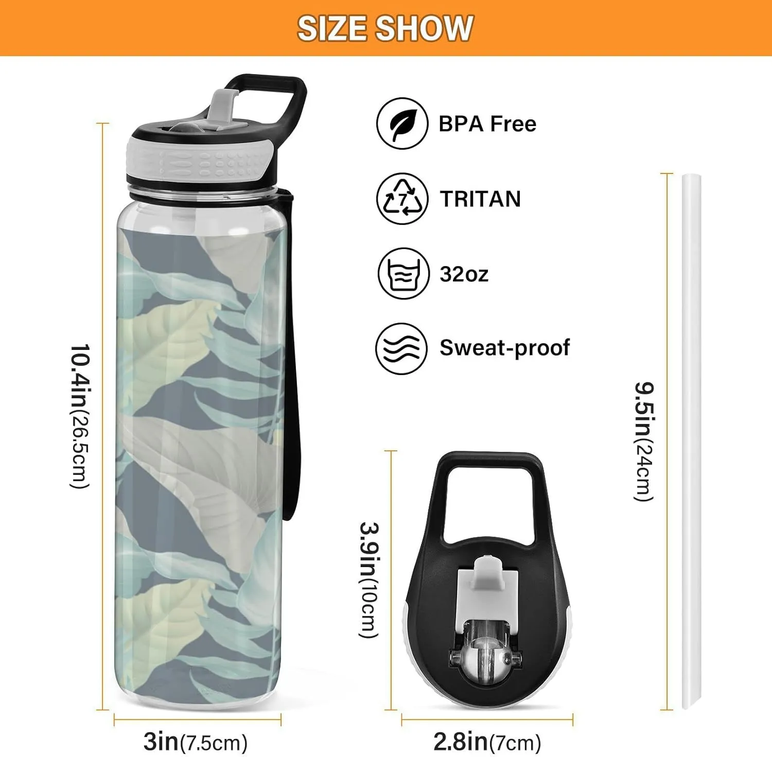 Oyihfvs Turquoise Yellow Grey Tropical Palm and Matte Leaves on Dark Blue Transparent Sports Water Bottle 32 Oz, with Straw Lid Leakproof Reusable Water Bottle, Water Bottle for Fitness Gym Outdoor