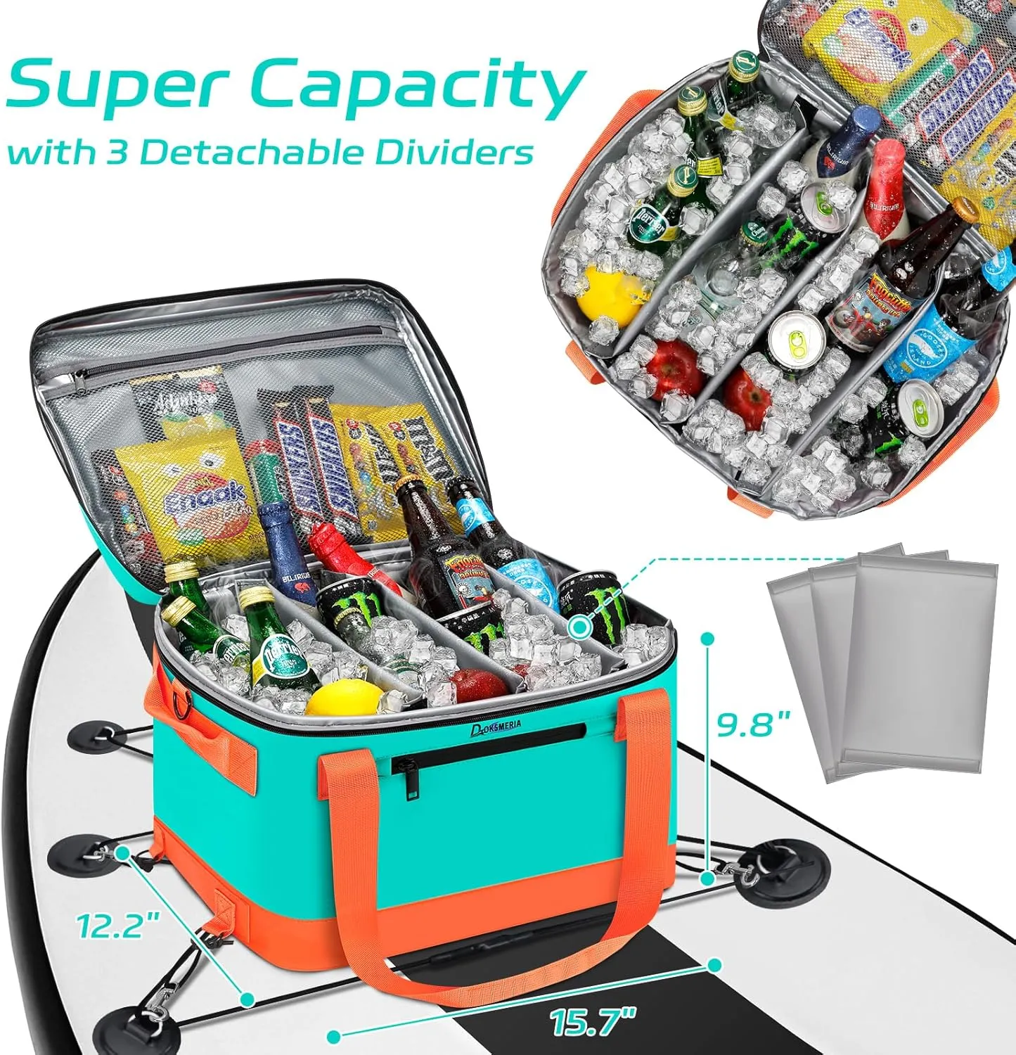 Paddle Board Cooler Waterproof, Super Capacity SUP Paddleboard Deck Cooler with Shoulder Strap & 6 Elastic Rope Clips, Paddle Board Accessories Bag for Stand Up Paddleboard and Kayak