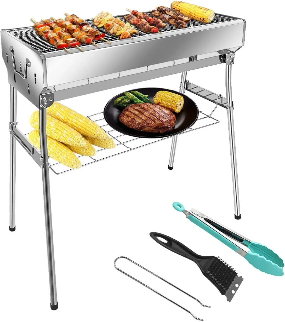 paxlwaaoon Charcoal Grill with Storage Rack Foldable, Large Stainless Steel kabob Grill for Outdoor Cooking Picnic Camping Commercial Use, 27.55" x 28.34" x 12.5"