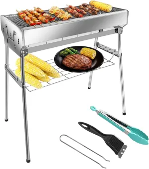 paxlwaaoon Charcoal Grill with Storage Rack Foldable, Large Stainless Steel kabob Grill for Outdoor Cooking Picnic Camping Commercial Use, 27.55" x 28.34" x 12.5"