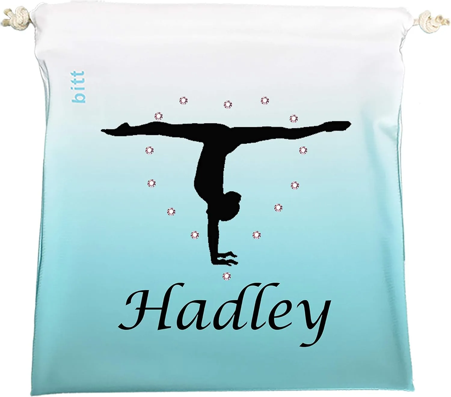 Personalized Gymnastics Grip Bag with Split Handstand Variation in Ombre Colors - Customized Bag with Swarovski Crystals Option (Teal Ombre)