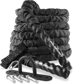 Philosophy Gym Exercise Battle Rope with Cover and Anchor Kit for Fitness Training, Conditioning