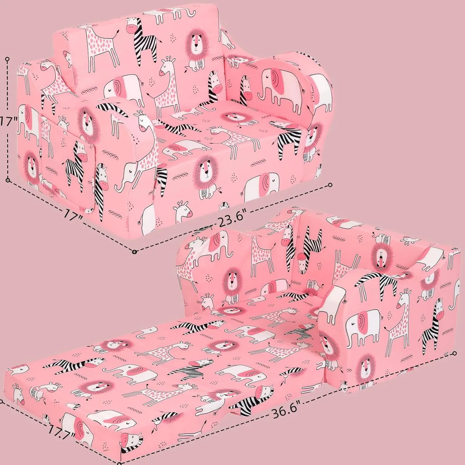 Pink Kids Sofa, 2-in-1 Kids Couch Fold Out, Convertible Sofa to Bed for Girls and Boys