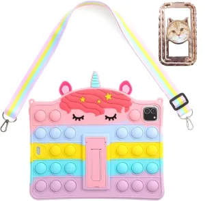 Pink Unicorn Case for iPad Pro 11 inch 2021 2020 2018/iPad Air 5th 2022/Air 4th 2020 10.9 inch,3D Kawaii Push Kickstand Unicorn Kids Girls Boys Women Soft Case with Lanyard and Cat Kickstand