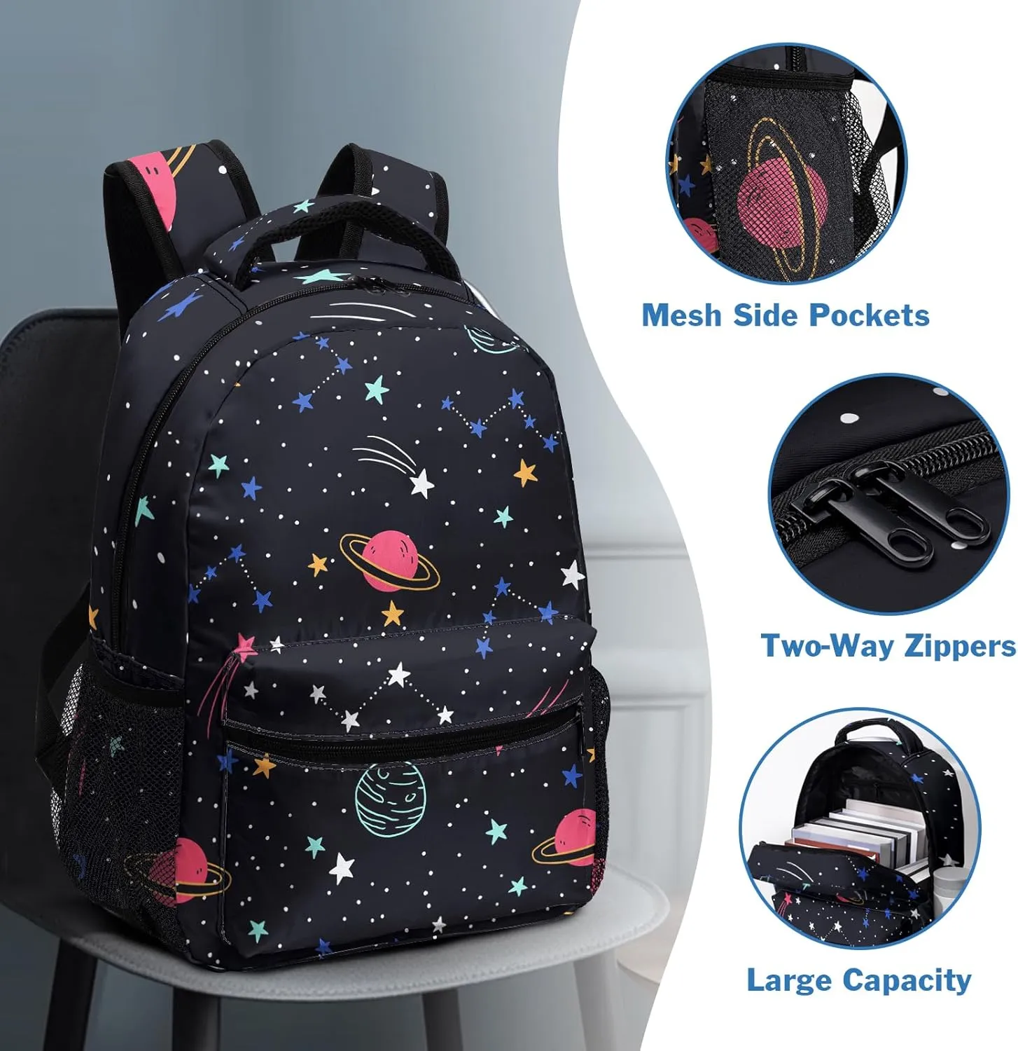 Planet Backpack for Boys Girls Space Solar System Stars Kids Bookbag Black Galaxy Universe Elementary Middle School Bags Lightweight Preschool Kindergarten Back Pack