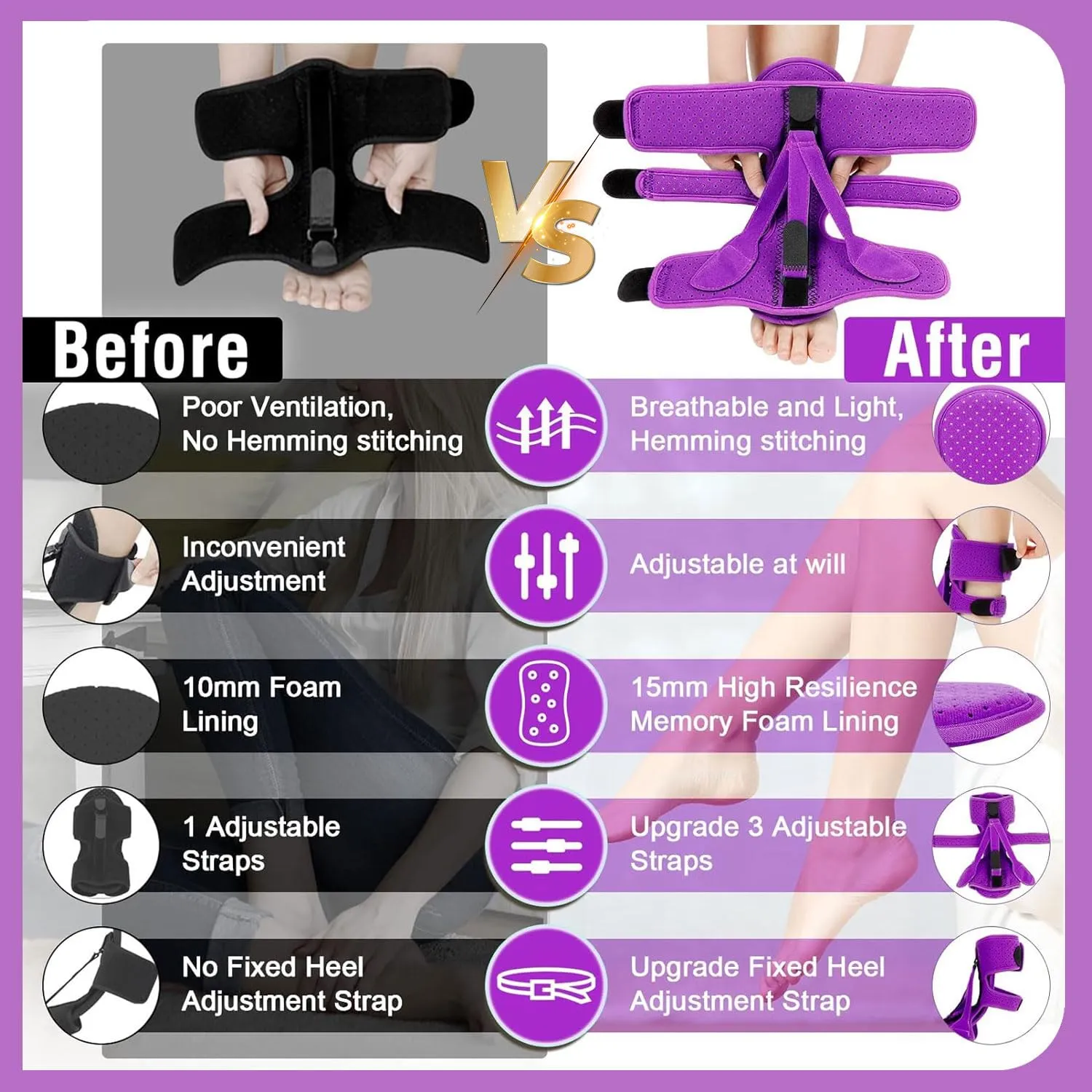 Plantar Fasciitis Night Splint-Upgrade 3 Adjustable Planter Facetious Relief Brace,Plantar Fasciitis Relief Women Men Straps,Support Relief Foot Drop Achilles Tendonitis Day Night(Purple-1PC)