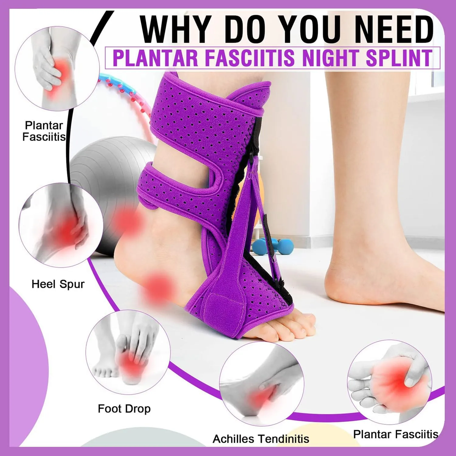 Plantar Fasciitis Night Splint-Upgrade 3 Adjustable Planter Facetious Relief Brace,Plantar Fasciitis Relief Women Men Straps,Support Relief Foot Drop Achilles Tendonitis Day Night(Purple-1PC)