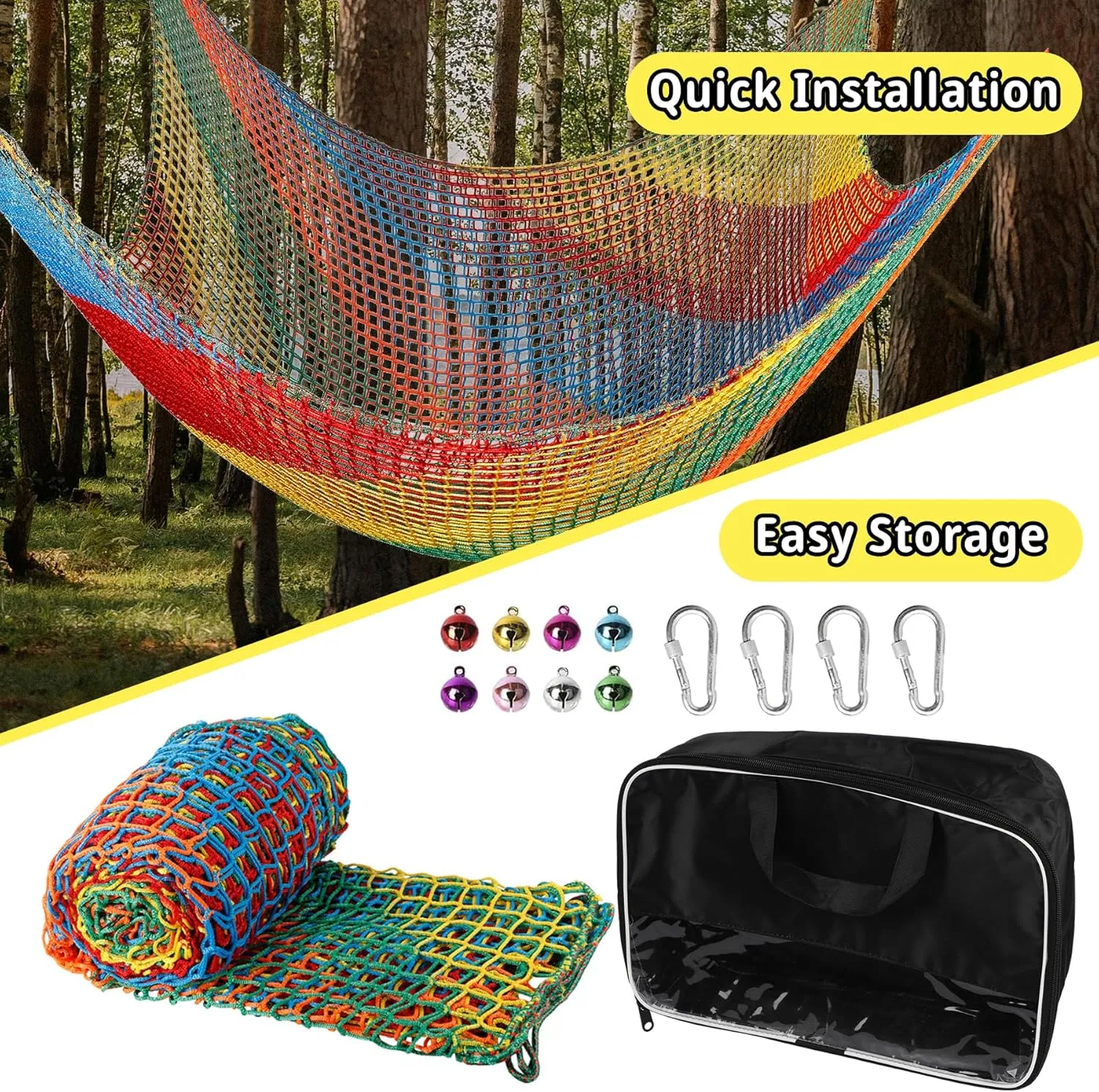 Playground Safety Net 14.7' x 9.8', Double Layers Climbing Cargo Net for Kids, Multicolored Playground Net for Obstacle Training, Tree House, Back Yard etc.