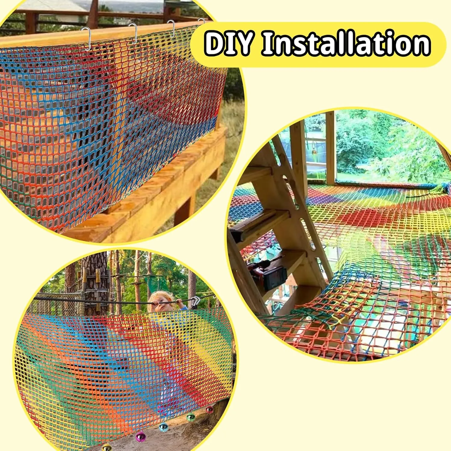 Playground Safety Net 14.7' x 9.8', Double Layers Climbing Cargo Net for Kids, Multicolored Playground Net for Obstacle Training, Tree House, Back Yard etc.