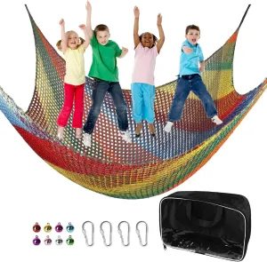 Playground Safety Net 14.7' x 9.8', Double Layers Climbing Cargo Net for Kids, Multicolored Playground Net for Obstacle Training, Tree House, Back Yard etc.