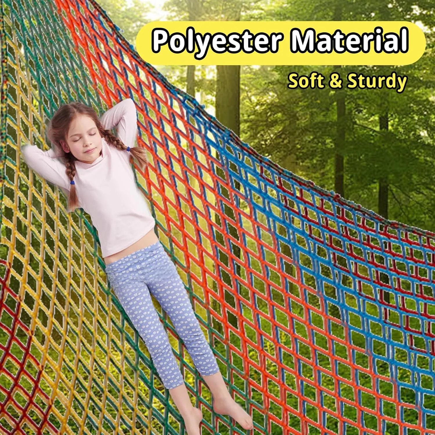 Playground Safety Net 14.7' x 9.8', Double Layers Climbing Cargo Net for Kids, Multicolored Playground Net for Obstacle Training, Tree House, Back Yard etc.