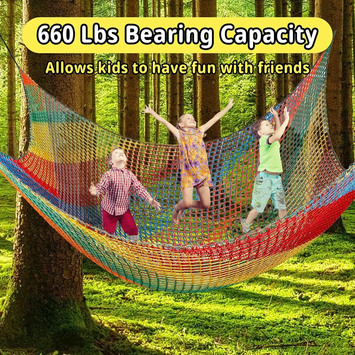 Playground Safety Net 14.7' x 9.8', Double Layers Climbing Cargo Net for Kids, Multicolored Playground Net for Obstacle Training, Tree House, Back Yard etc.