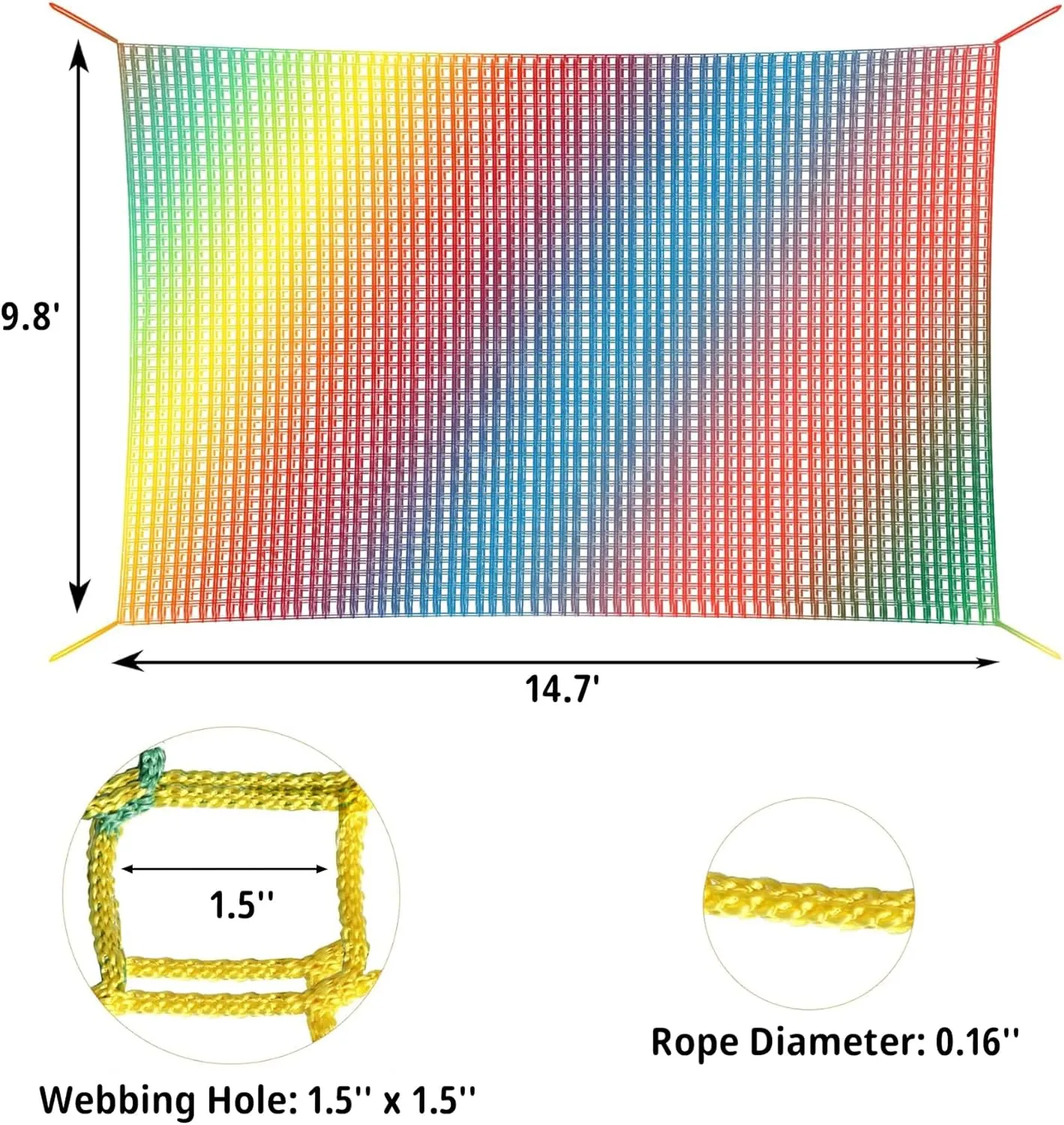 Playground Safety Net 14.7' x 9.8', Double Layers Climbing Cargo Net for Kids, Multicolored Playground Net for Obstacle Training, Tree House, Back Yard etc.