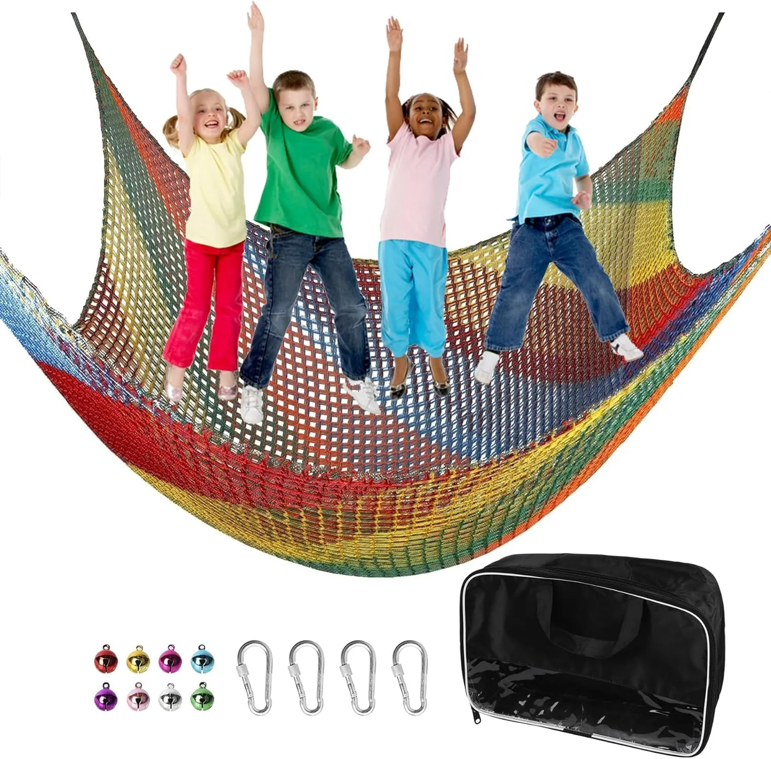 Playground Safety Net 14.7' x 9.8', Double Layers Climbing Cargo Net for Kids, Multicolored Playground Net for Obstacle Training, Tree House, Back Yard etc.