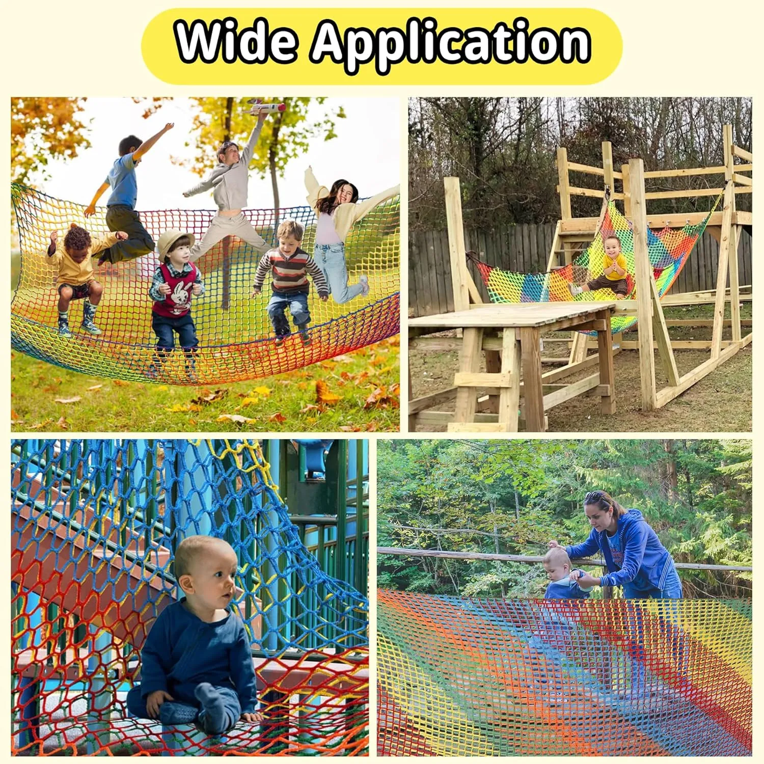 Playground Safety Net 14.7' x 9.8', Double Layers Climbing Cargo Net for Kids, Multicolored Playground Net for Obstacle Training, Tree House, Back Yard etc.