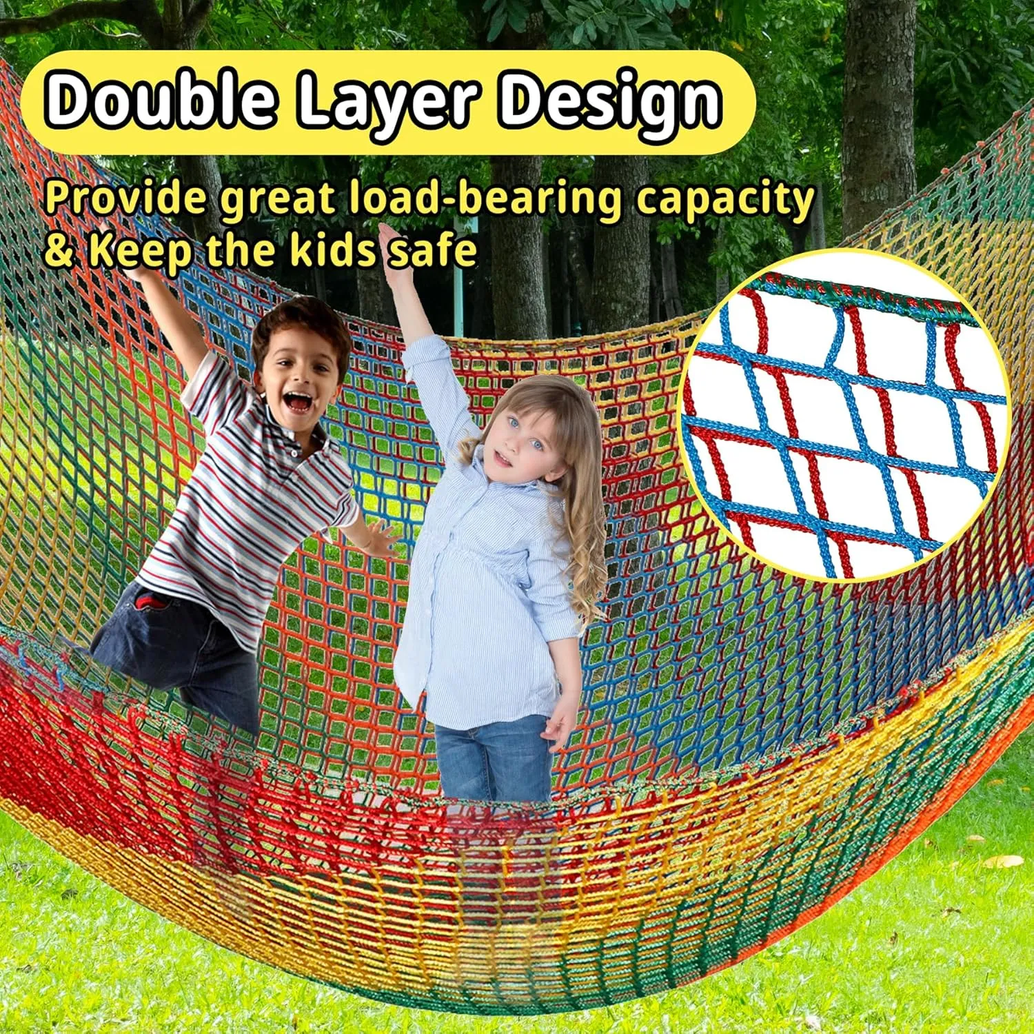 Playground Safety Net 14.7' x 9.8', Double Layers Climbing Cargo Net for Kids, Multicolored Playground Net for Obstacle Training, Tree House, Back Yard etc.