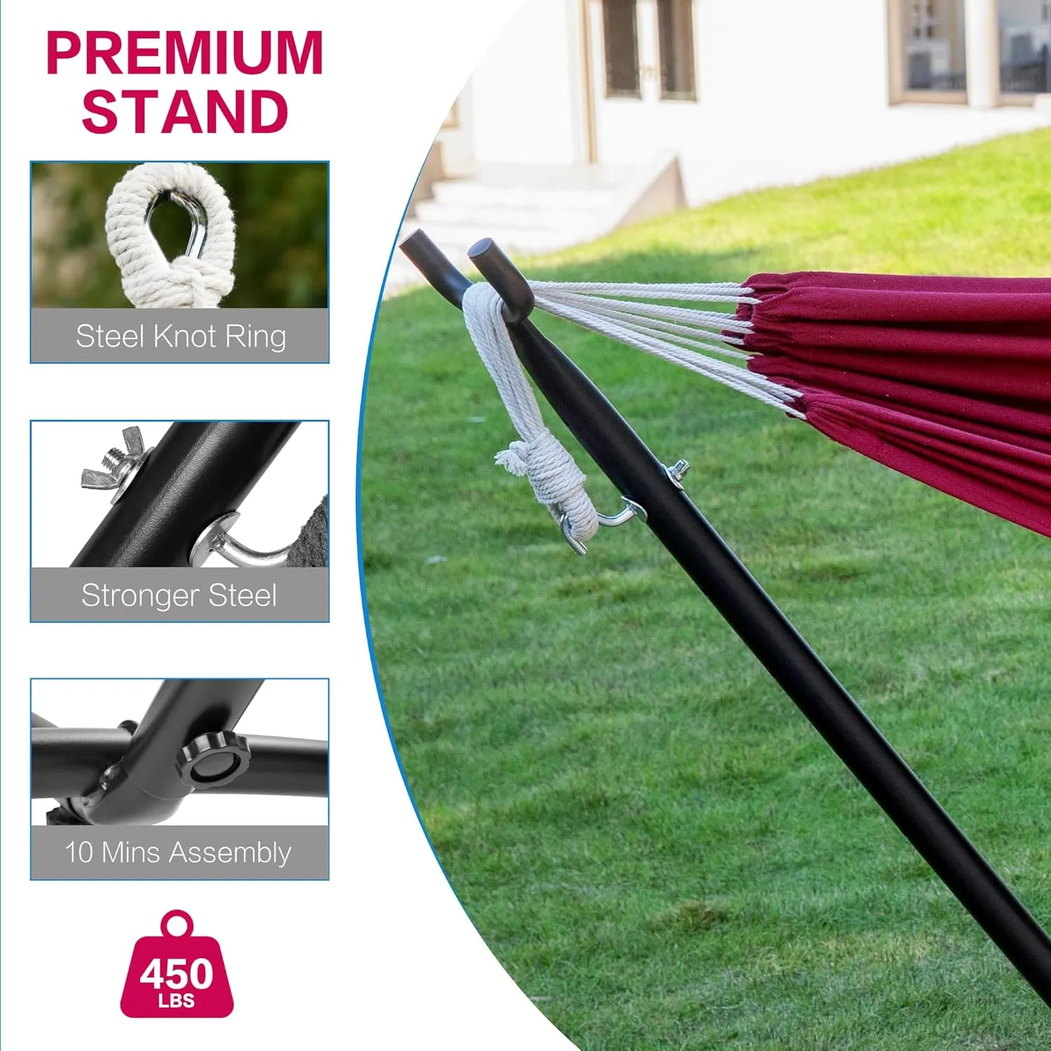 PNAEUT Double Hammock with Space Saving Steel Stand 2 Person Heavy Duty Garden Yard Outdoor 450lb Capacity Hammocks and Portable Carrying Bag (Cherry)