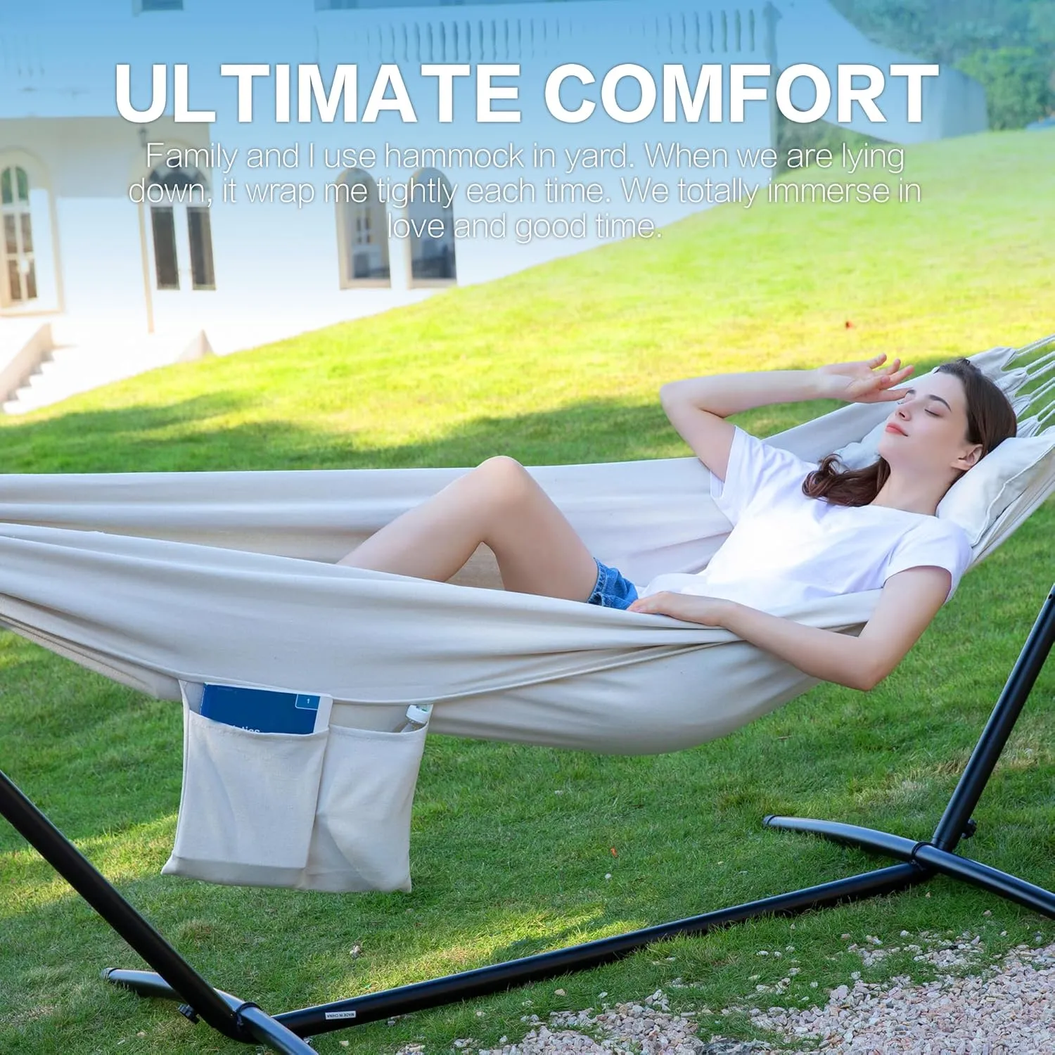 PNAEUT Double Hammock with Space Saving Steel Stand 2 Person Heavy Duty Garden Yard Outdoor 450lb Capacity Hammocks (Beige)